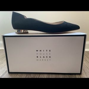 White House Black Market. Bellamy Metal Heel Flat. Black and Gold.